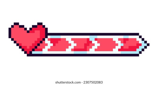 Arcade game progress bar. Pixel progress bar gaming experience for 2D game. 8-bit level indicator of health, life, heart. Isolated vector illustration.