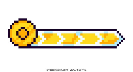 Arcade game progress bar. Pixel progress bar gaming experience for 2D game. 8-bit level indicator of money, gold, coins. Isolated vector illustration.