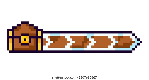 Arcade game progress bar. Pixel progress bar gaming experience for 2D game. 8-bit level indicator of chest. Isolated vector illustration.