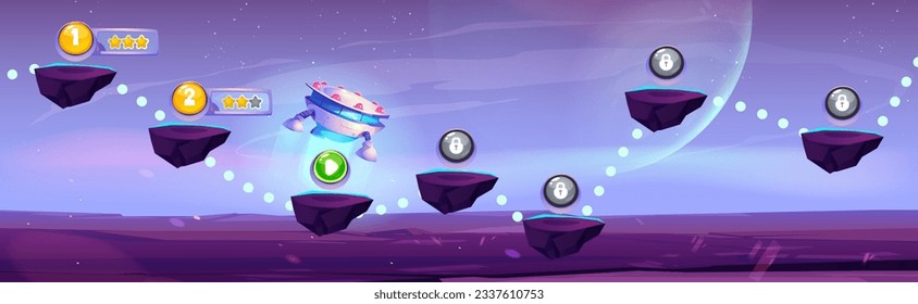 Arcade game progress map on space background. Vector cartoon illustration of alien aircraft traveling between floating islands to collect bonus points, golden stars and lock icons on stone platforms