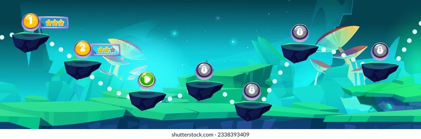 Arcade game progress map on fantasy forest background. Vector cartoon illustration of floating stone platforms with golden stars and lock icons, giant mushrooms on green land, stars in night sky