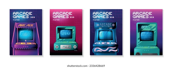 Arcade game realistic poster set with videogame leisure symbols isolated vector illustration