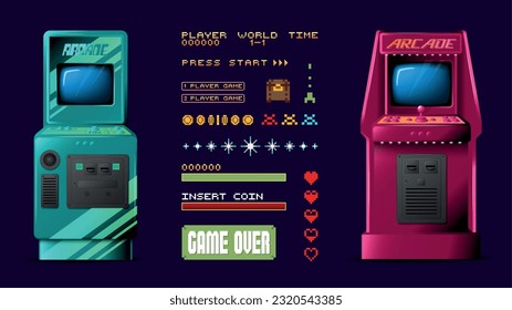 Arcade game realistic set with game over symbols isolated vector illustration