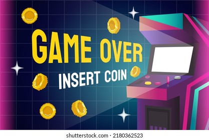 Arcade game retro background. Neon pixel machine with console buttons. Screen play for video gaming club. Glowing monitor. Coin insert tokens. Gamer entertainment. Vector illustration art