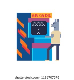 Arcade game retro machine and animal character playing classic video games. Pixel art icon. Old gaming machine isolated vector illustration. 8-bit sprite. Anthropomorphic design. Cartoon style.