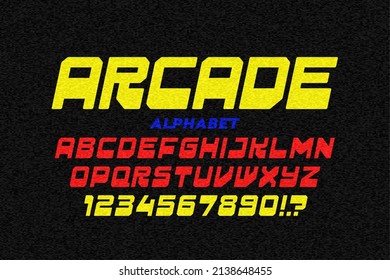 Diseño de tipos de letra de estilo retro de juegos de arcada, letras alfabéticas y ilustración vectorial de números