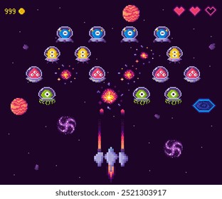 Escena de juego de arcade con una nave espacial disparando alienígenas y ovnis en un estilo pixelado. Corazones, partituras y Elementos de neón presentes. Explosiones y planetas coloridos en el fondo. Ideal para juegos, retro