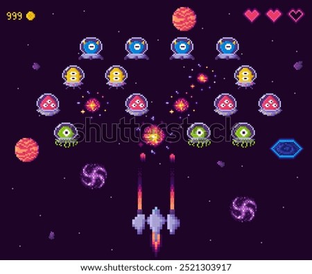 Arcade game scene with a spaceship shooting aliens and UFOs in a pixelated style. Hearts, score, and neon elements present. Explosions and colorful planets in the background. Ideal for gaming, retro