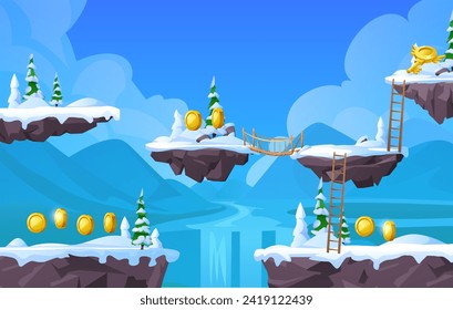 Diseño de escenas de juegos de arcade con islas flotantes de nieve, ilustración vectorial de dibujos animados 2D. Plantilla de fondo de la interfaz de juego con plataformas de nivel y elementos adicionales.