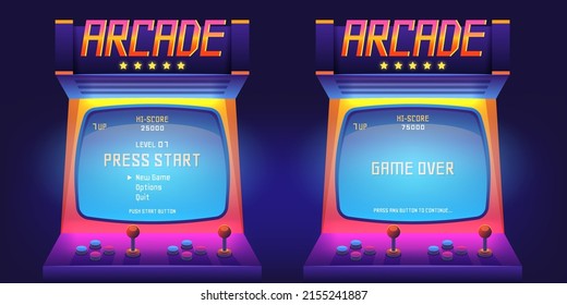 Arcade game screen. 80s retro start play and game over interface screen, vintage 1990s video gaming machine. Vector console monitor. Illustration of play screen game computer