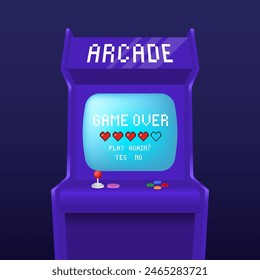 Pantalla de juego de arcade. 80s retro iniciar el juego y el juego sobre la pantalla de interfaz. Fin del juego. Máquina de arcade. Ilustración vectorial