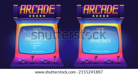 Arcade game screen. 80s retro start play and game over interface screen, vintage 1990s video gaming machine. Vector console monitor. Illustration of play screen game computer