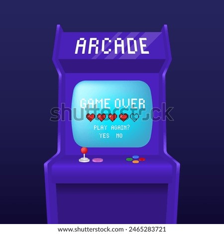 Arcade game screen. 80s retro start play and game over interface screen. Game over. Arcade machine. Vector illustration