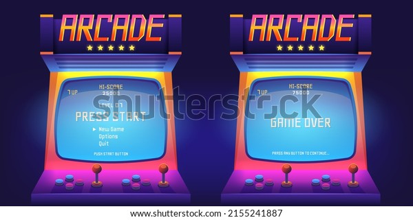 Arcade game\
screen. 80s retro start play and game over interface screen,\
vintage 1990s video gaming machine. Vector console monitor.\
Illustration of play screen game\
computer