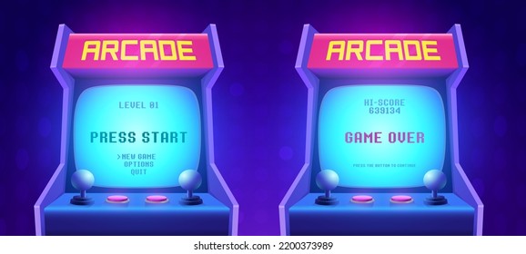 Arcade game screen. Retro arcade game machine. 80s retro start play and game over interface screen. Video gaming machine. Vector Illustration of play screen game computer