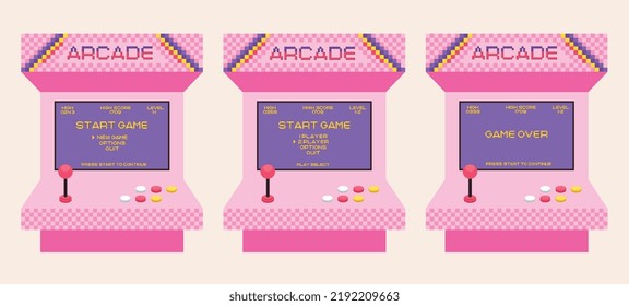 Arcade game screen in retro pixel style. Gaming console machine with menu in style of  80s, 90s.