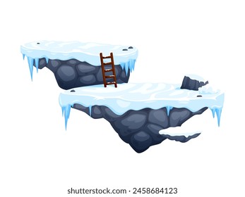 Arcade game stone platforms with ice and snow, winter level game UI asset. Vector 2d arcade videogame frozen world map element, isolated cartoon snowy rock platforms with wood ladder, snow and icicles