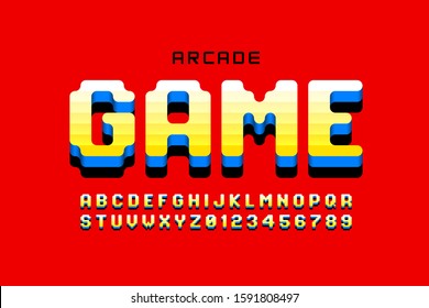 Arcade game style font design, retro 80s video game alphabet, letters and numbers vector illustration