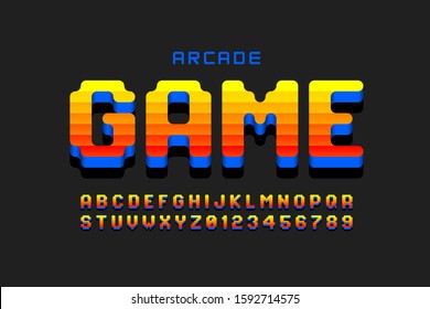 Arcade Game Style Font Design, Retro 80s Video Game Alphabet, Letters And Numbers Vector Illustration