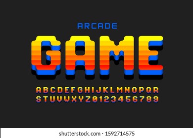 Arcade game style font design, retro 80s video game alphabet, letters and numbers vector illustration