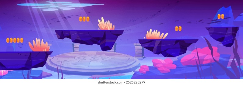 Arcade game ui level design with jump and run floating platform with golden coins to collect underwater. Cartoon sea or ocean bottom with sunken ancient city ruins with old temple platform and columns