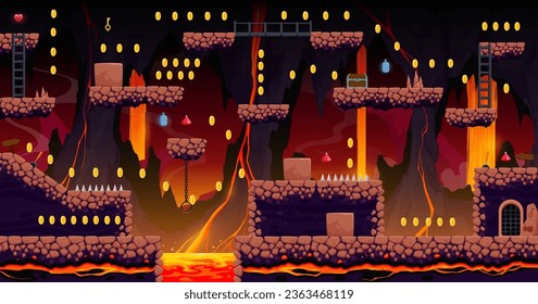 Mapa de nivel de cuevas del volcán de juegos de arcade con plataformas de piedra, lava, escaleras y elementos de juego. Fondo vectorial con islas rocosas, monedas, activos y obstáculos. Paisaje de caricaturas del mundo del infierno o subterráneo