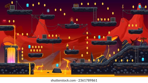 Arcade game volcano level map with stone platforms, red lava, stairs and game items. Mobile arcade screen, console game vector level or videogame environment backdrop with volcanic lava platforms