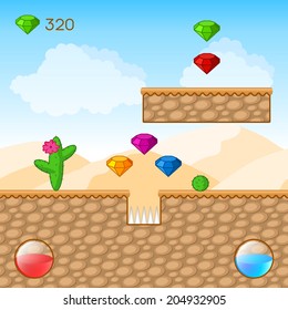 Arcade Game World. Cartoon Desert with Blocks, Diamonds. Vector Design