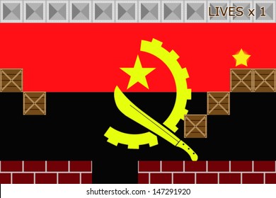 Arcade game world with the flag of Angola in the background
