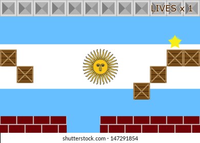 Arcade game world with the flag of Argentina in the background