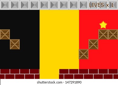 Arcade game world with the flag of Belgium in the background