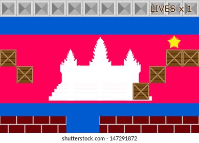 Arcade game world with the flag of Cambodia in the background