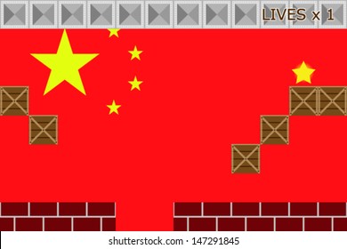 Arcade game world with the flag of China in the background