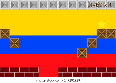 Arcade game world with the flag of Colombia in the background