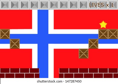 Arcade game world with the flag of Norway in the background