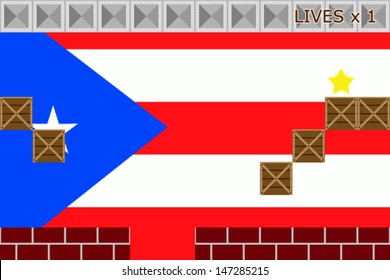 Arcade game world with the flag of Puerto Rico in the background