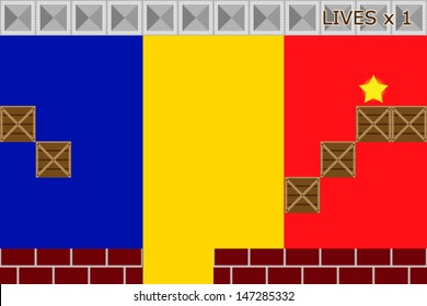 Arcade game world with the flag of Romania in the background