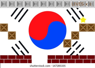 Arcade game world with the flag of South Korea in the background