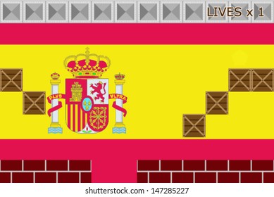 Arcade game world with the flag of Spain in the background