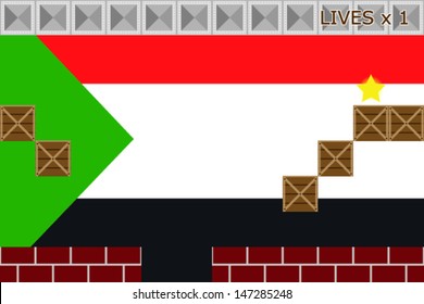 Arcade game world with the flag of Sudan in the background