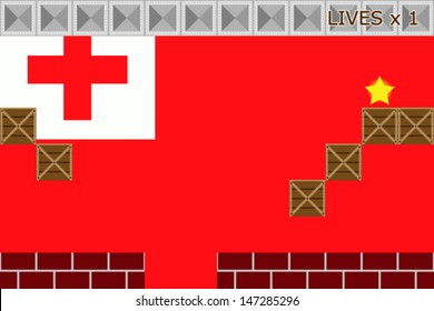 Arcade game world with the flag of Tonga in the background