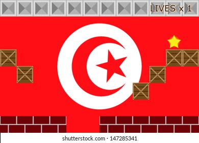 Arcade game world with the flag of Tunisia in the background