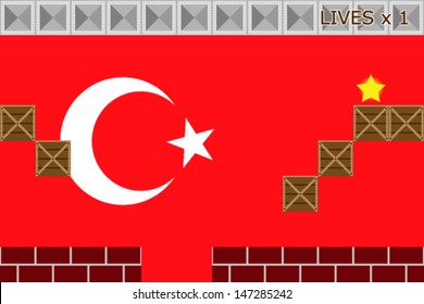 Arcade game world with the flag of Turkey in the background