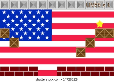 Arcade game world with the flag of the United States of America in the background