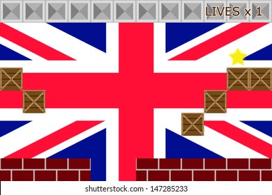 Arcade game world with the flag of the United Kingdom in the background