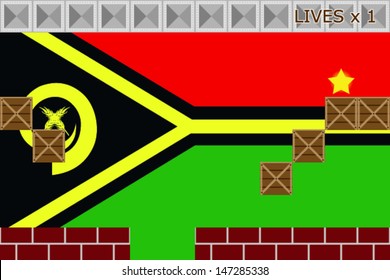 Arcade game world with the flag of Vanuatu in the background