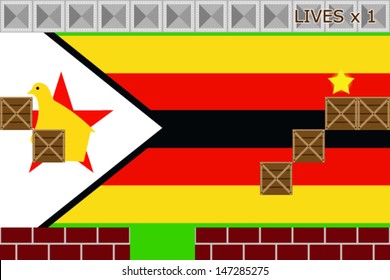 Arcade game world with the flag of Zimbabwe in the background