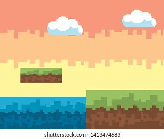 Arcade game world and pixel scene design  vector illustration