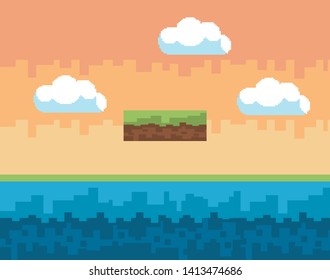 Arcade game world and pixel scene design  vector illustration
