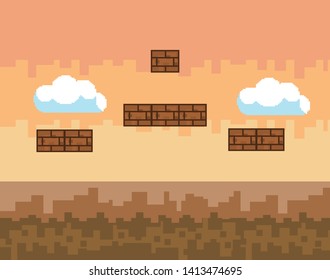 Arcade game world and pixel scene design  vector illustration